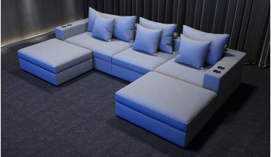 Camargue Sofa Kinowa, wyjątkowo wygodna sofa kinowa, sofa kinowa z pierzem, sofa kinowa z naturalnym pierzem kaczym i gęsim, sofa kinowa ze zdejmowanymi pokrowcami, sofa kinowa z uchwytami na kubeczki i poduszkami, welurowa sofa kinowa, szenilowa sofa kin