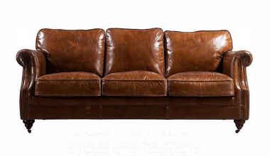 Portland piękna sofa 3 osobowa, sofa skórzana vinage, sofa skórzana wypełniona pierzem, sofa skórzana z naturalnym wypełnieniem tylko w Delux Deco, skórzana sofa z nitami