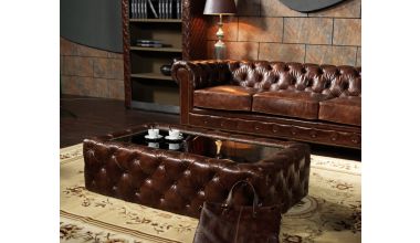 Chesterfield Stolik Skórzany, klasyczny chesterfield, skórzany chesterfield, chesterfield w postarzanej skórze tylko w Delux Deco, stolik chesterfield ze szklanym blatem