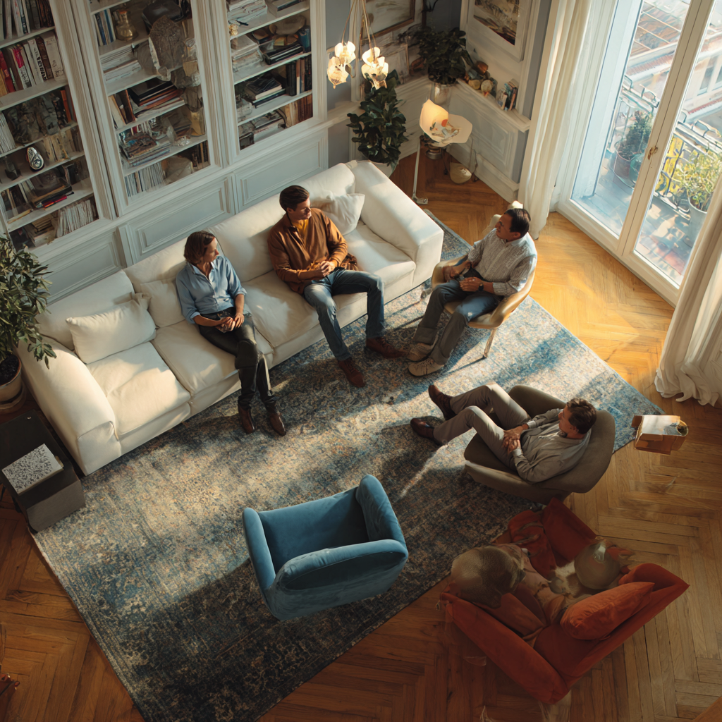 ludzie rozmawiają w salonie na kanapie